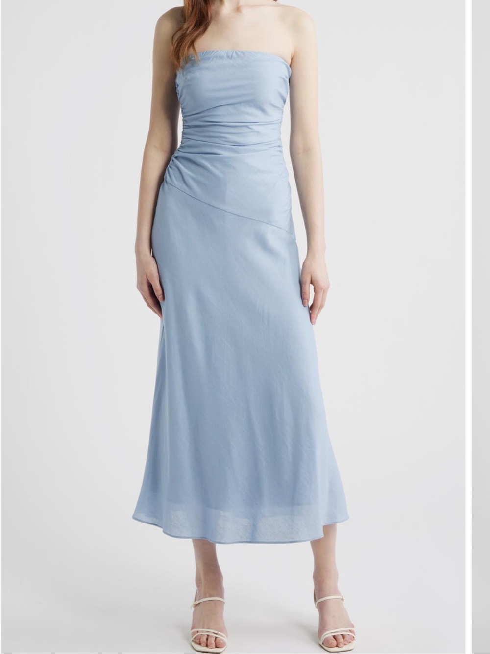 Caricia Strapless Side Ruched Midi Dress Light Blue